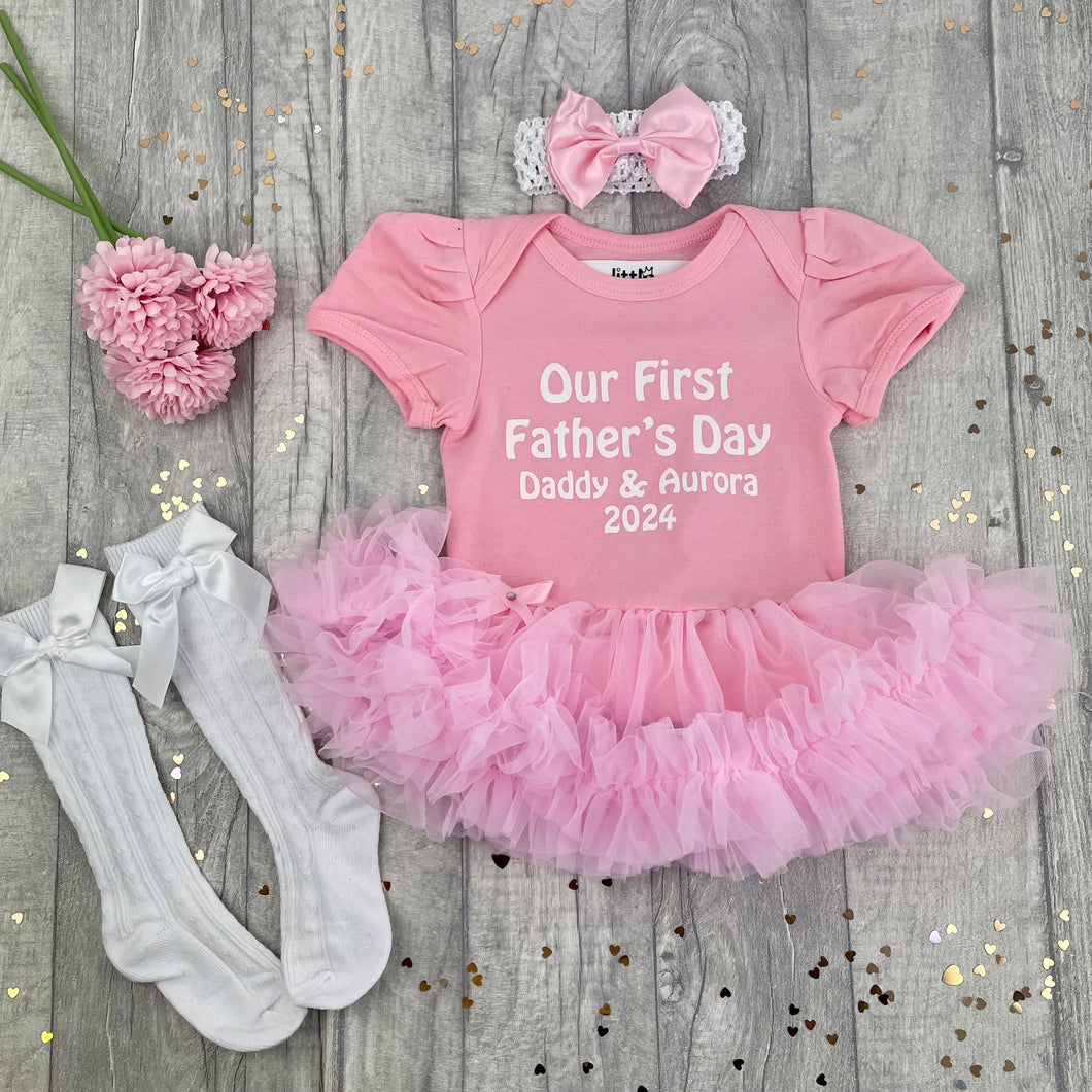 Personalised First Father's Day Pink Tutu Romper Outfit Set White Socks