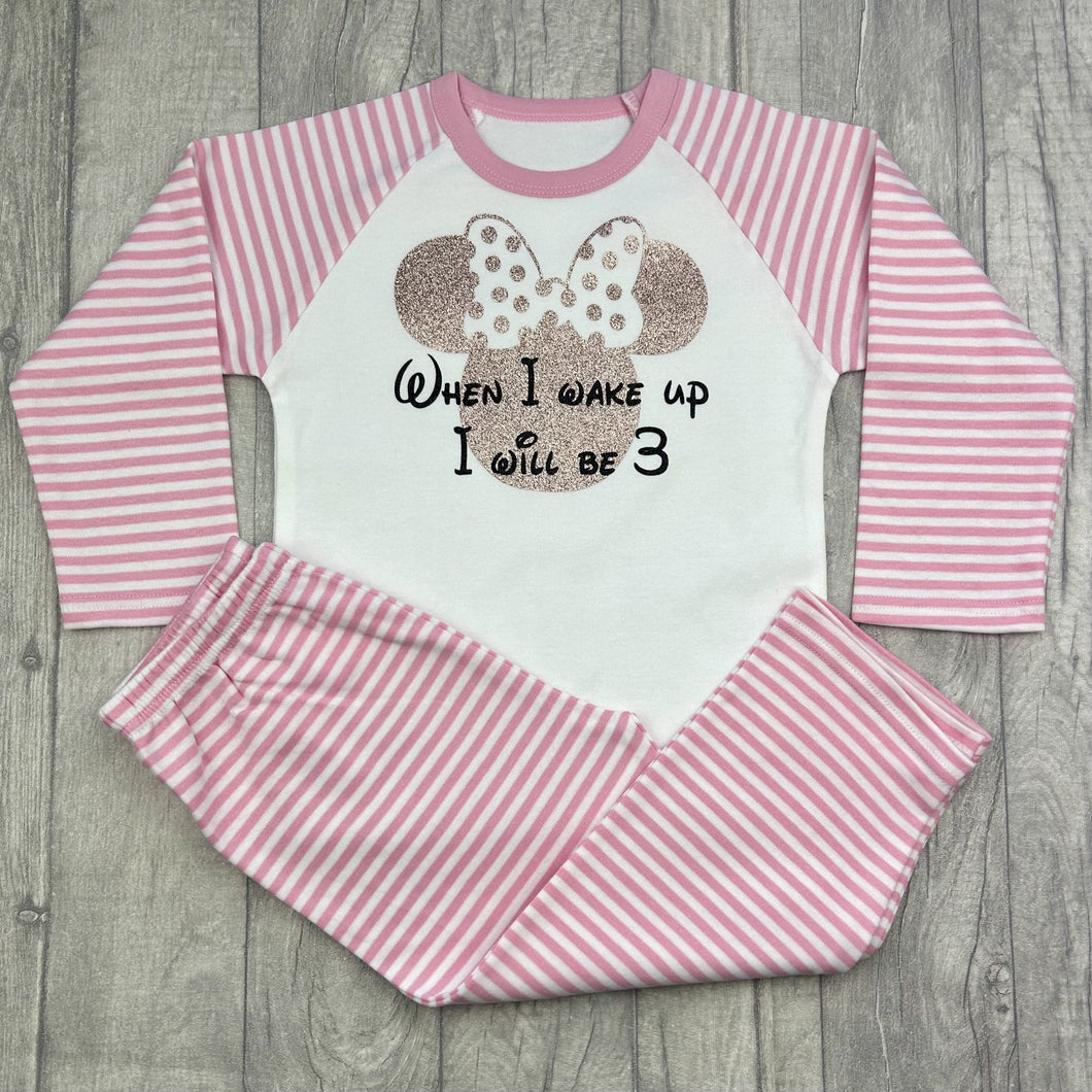 When I Wake Up Minnie Mouse Pink And White Stripe Birthday Girls Pyjamas, Disney