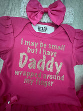 Load image into Gallery viewer, I May Be Small But I Have Daddy Wrapped Around My Finger Baby Girl Tutu Romper With Matching Bow Headband
