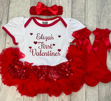 Load image into Gallery viewer, Personalised First Valentine&#39;s Day Red Glitter Design, Baby Girl Sequin Tutu Romper With Matching Bow Headband
