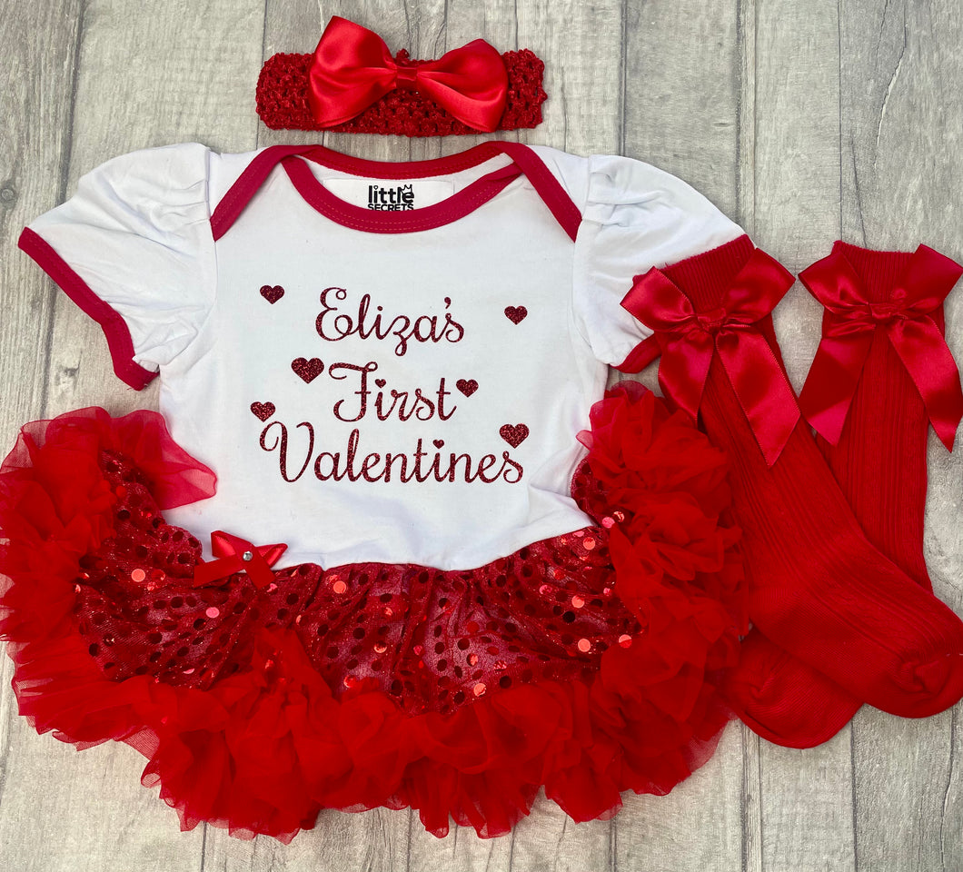 Personalised First Valentine's Day Red Glitter Design, Baby Girl Sequin Tutu Romper With Matching Bow Headband