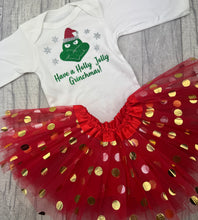 Load image into Gallery viewer, Christmas Outfit Grinch Design, Long Sleeved Romper with Tutu, Grinchmas

