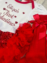 Load image into Gallery viewer, Personalised First Valentine&#39;s Day Red Glitter Design, Baby Girl Sequin Tutu Romper With Matching Bow Headband
