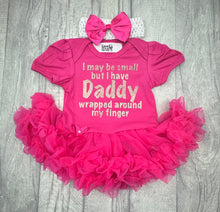 Load image into Gallery viewer, I May Be Small But I Have Daddy Wrapped Around My Finger Baby Girl Tutu Romper With Matching Bow Headband
