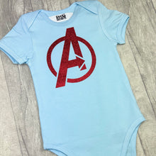 Load image into Gallery viewer, Babies short sleeve bodysuit romper with red glitter Avengers design on.
