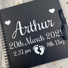 Load image into Gallery viewer, Personalised Newborn Baby Details Large Black Scrapbook with white lettering design.
