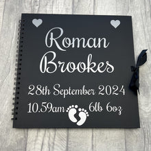 Load image into Gallery viewer, Personalised Newborn Baby Details Large Black Scrapbook, with silver lettering design.
