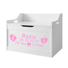 Load image into Gallery viewer, Personalised Birthday Newborn Baby Girl or Boy white toddler wooden Toy Storage Box
