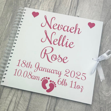 Personalised White Baby Newborn Christening Scrapbook Gift 12x12 inch - Hot Pink design