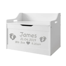 Load image into Gallery viewer, Personalised Birthday Newborn Baby Girl or Boy white toddler wooden Toy Storage Box
