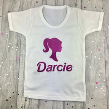 Load image into Gallery viewer, Girls Personalised Barbie Themed T-Shirt, Pink Glitter - Little Secrets Clothing
