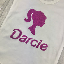 Load image into Gallery viewer, Girls Personalised Barbie Themed T-Shirt, Pink Glitter - Little Secrets Clothing
