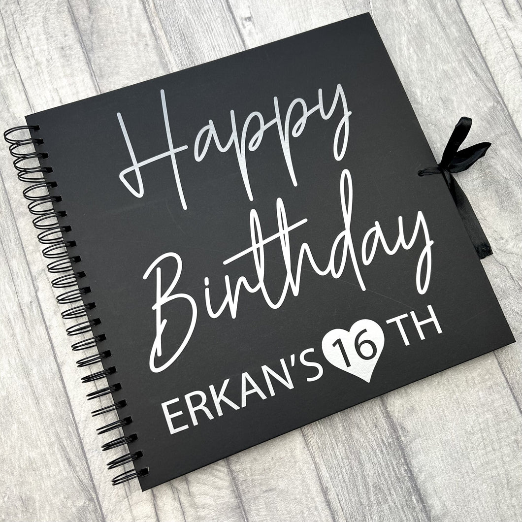 Personalised Happy Birthday Black Scrapbook with Silver Design