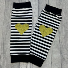 Load image into Gallery viewer, Baby Girls Black &amp; White Stripe Leg Warmers with Gold Glitter Love Heart
