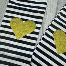 Load image into Gallery viewer, Baby Girls Black &amp; White Stripe Leg Warmers with Gold Glitter Love Heart
