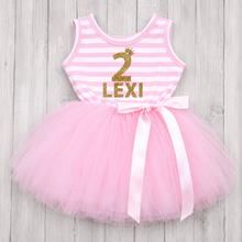 Load image into Gallery viewer, Personalised Baby Girl Birthday Tutu Dress with Name &amp; Age, Pink Stripe Party Dress
