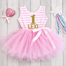 Load image into Gallery viewer, Personalised Baby Girl Birthday Tutu Dress with Name &amp; Age, Pink Stripe Party Dress
