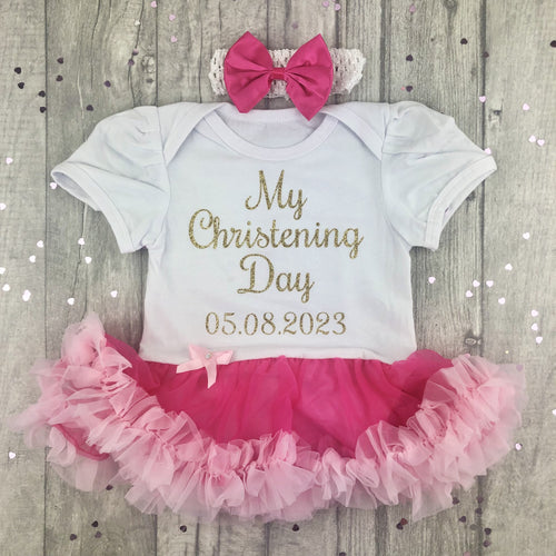 Personalised My Christening Day Baby Girl White and Pink Tutu Romper