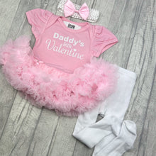 Load image into Gallery viewer, Baby girls pink tutu romper with bow headband above and white tights below. The tutu romper features white glitter lettering saying Daddy&#39;s Little Valentine.
