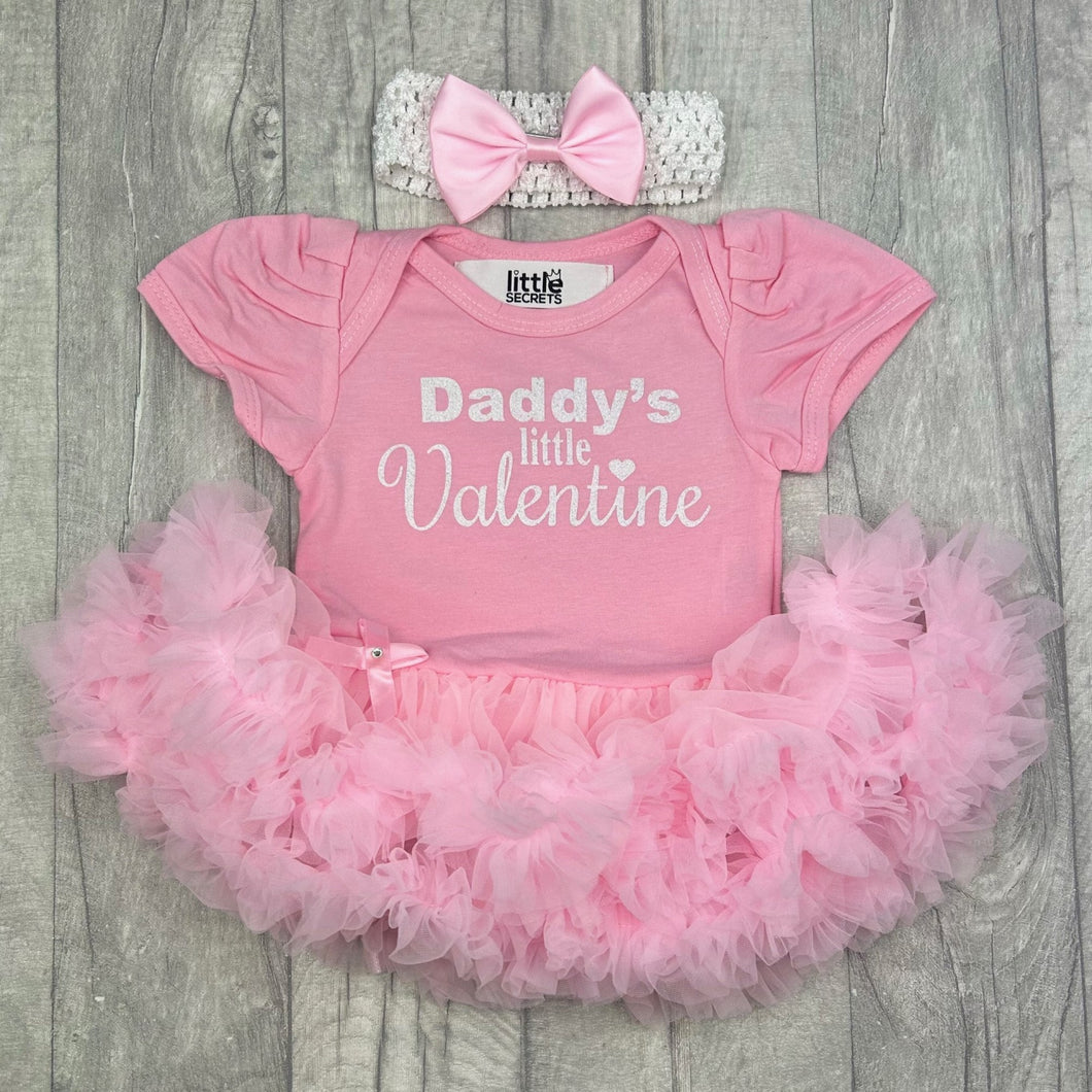 Daddy's Little Valentine Baby Girl Tutu Romper with Bow Headband, White Glitter Design, Valentine’s Day Gift