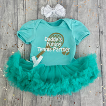 Load image into Gallery viewer, Daddy&#39;s Future Tennis Partner Baby Girls Tutu Romper With Headband
