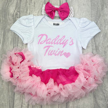 Load image into Gallery viewer, Baby girls short sleeve white and pink tutu romper with bow headband above. The tutu romper features pink glitter lettering saying Daddy&#39;s Twin.
