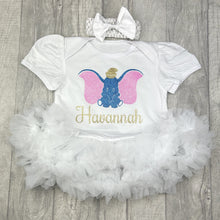 Load image into Gallery viewer, Baby girls short sleeve white tutu romper with matching bow headband, the tutu romper features a cute light pink and blue Dumbo design with gold personalised name underneath
