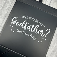 Load image into Gallery viewer, Personalised Will You Be My GodFather? Large Keepsake Ribbon Box - White Design
