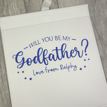 Load image into Gallery viewer, Personalised Will You Be My GodFather? Large Keepsake Ribbon Box - Royal Blue Design
