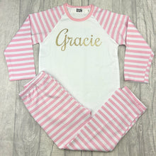 Load image into Gallery viewer, Personalised Pink and White Girls Pyjamas, Gold Glitter Text
