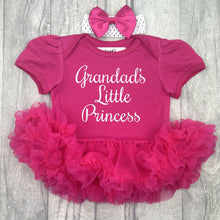 Load image into Gallery viewer, Baby girls short sleeve dark pink tutu romper with matching bow headband above. The tutu romper features white script lettering saying Grandad&#39;s Little Princess.
