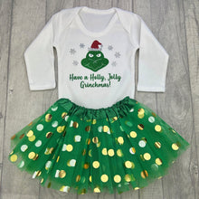 Load image into Gallery viewer, White long sleeve bodysuit with green and gold polka dot tutu skirt. The bodysuit features Grinch design and lettering saying Have a Holly Jolly Grinchmas
