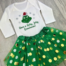 Load image into Gallery viewer, Christmas Outfit Grinch Design, Long Sleeved Romper with Tutu, Grinchmas
