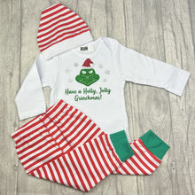 Load image into Gallery viewer, Babies Grinch Christmas Outfit Set, Long Sleeve White Romper With Pants and Hat
