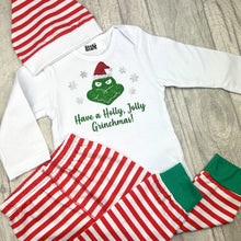 Load image into Gallery viewer, Babies Grinch Christmas Outfit Set, Long Sleeve White Romper With Pants and Hat
