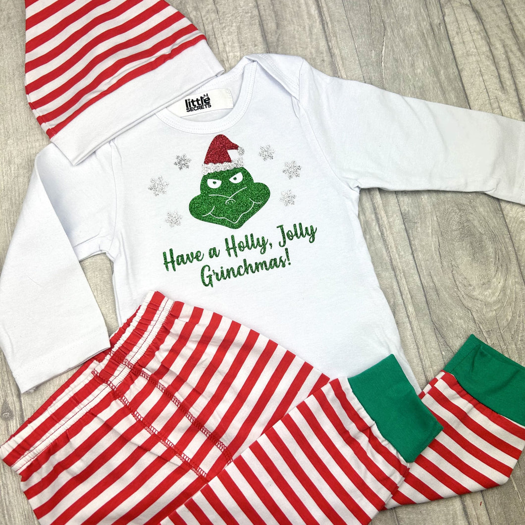 Babies Grinch Christmas Outfit Set, Long Sleeve White Romper With Pants and Hat