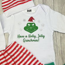 Load image into Gallery viewer, Babies Grinch Christmas Outfit Set, Long Sleeve White Romper With Pants and Hat
