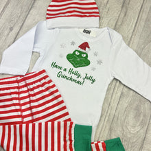 Load image into Gallery viewer, Babies Grinch Christmas Outfit Set, Long Sleeve White Romper With Pants and Hat
