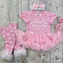 Load image into Gallery viewer, Baby girls light pink tutu romper with matching bow headband above and pink with white polka dot leg warmers on the left side. The tutu romper features white glitter love hearts and flower design with script text in the middle saying Happy 1st Mother&#39;s Day 2025
