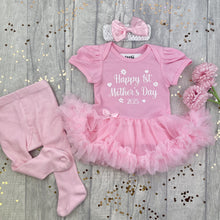 Load image into Gallery viewer, Baby girls light pink tutu romper with matching bow headband above and pink tights on the left side. The tutu romper features white glitter love hearts and flower design with script text in the middle saying Happy 1st Mother&#39;s Day 2025
