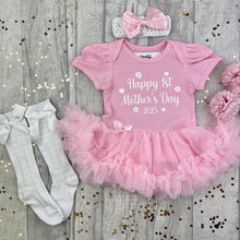 Load image into Gallery viewer, Baby girls light pink tutu romper with matching bow headband above and white socks on the left side. The tutu romper features white glitter love hearts and flower design with script text in the middle saying Happy 1st Mother&#39;s Day 2025
