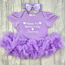 Load image into Gallery viewer, Happy 1st Mother&#39;s Day Mummy Baby Girl Tutu Romper With Headband, White Glitter Hearts Design
