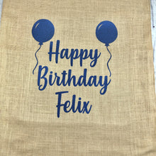 Load image into Gallery viewer, Personalised Happy Birthday Balloons Large Present Hessian Sack
