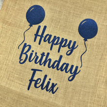 Load image into Gallery viewer, Personalised Happy Birthday Balloons Large Present Hessian Sack
