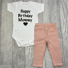 Load image into Gallery viewer, Short sleeve white romper with pink leggings. The romper features black glitter love heart design with lettering above saying Happy Birthday Mummy.
