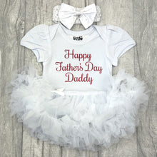Load image into Gallery viewer, Baby girls short sleeve white tutu romper with bow headband above. The tutu romper features red glitter script text saying Happy Father&#39;s Day Daddy.
