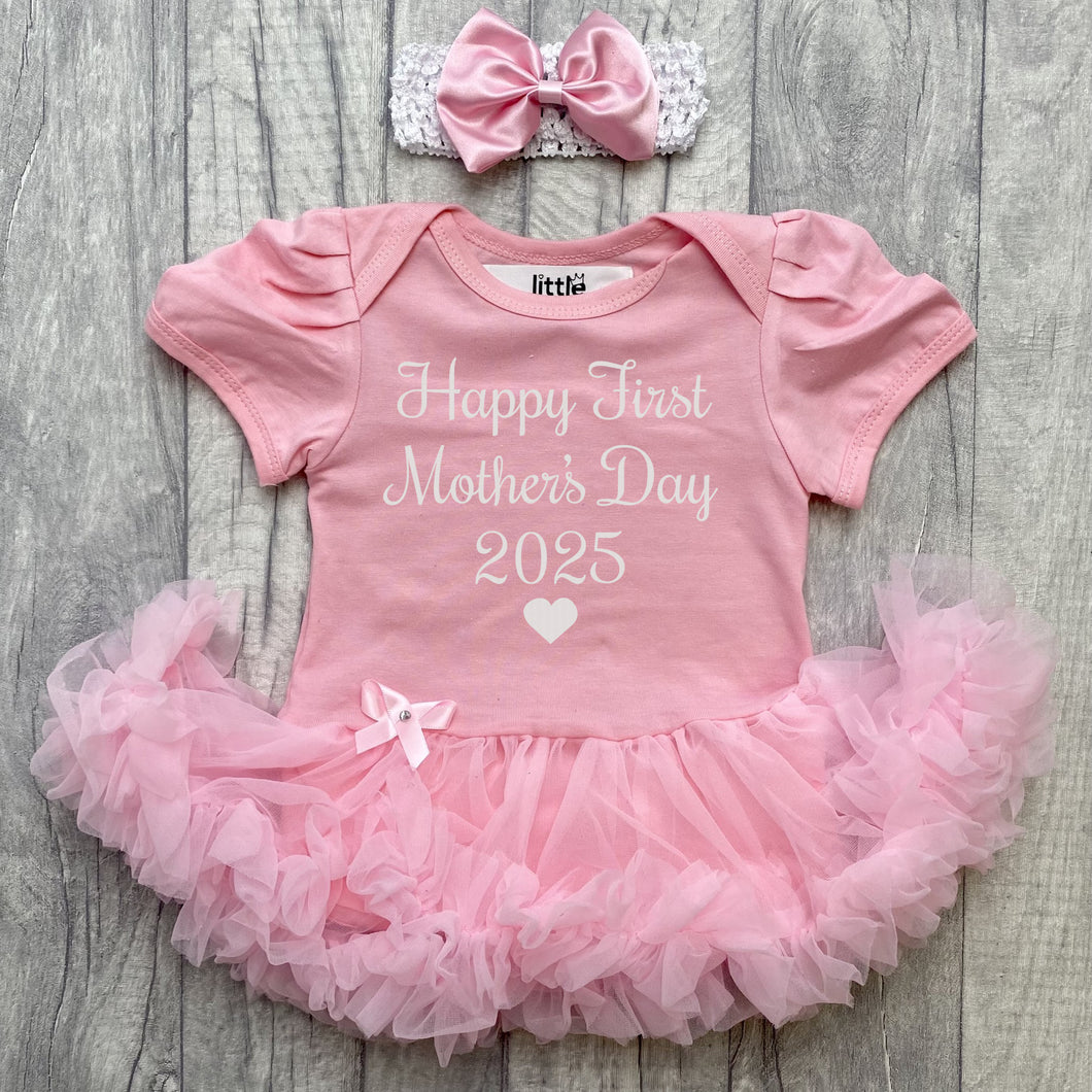 Happy First Mother's Day 2025 Baby Girl Light Pink Tutu Romper With Headband