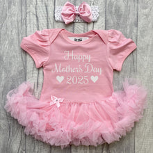 Load image into Gallery viewer, Happy Mother&#39;s Day 2025 Baby Girl Tutu Romper With Headband, White Glitter
