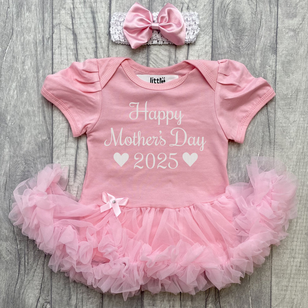 Happy Mother's Day 2025 Baby Girl Tutu Romper With Headband, White Glitter