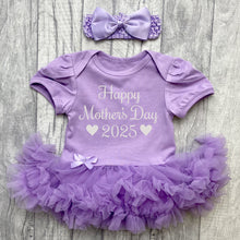 Load image into Gallery viewer, Happy Mother&#39;s Day 2025 Baby Girl Tutu Romper With Headband, White Glitter
